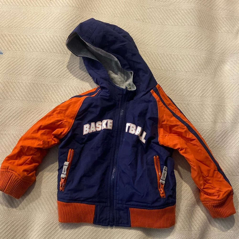 Reversible Spring/fall jacket. Basketball theme. Navy, grey and orange